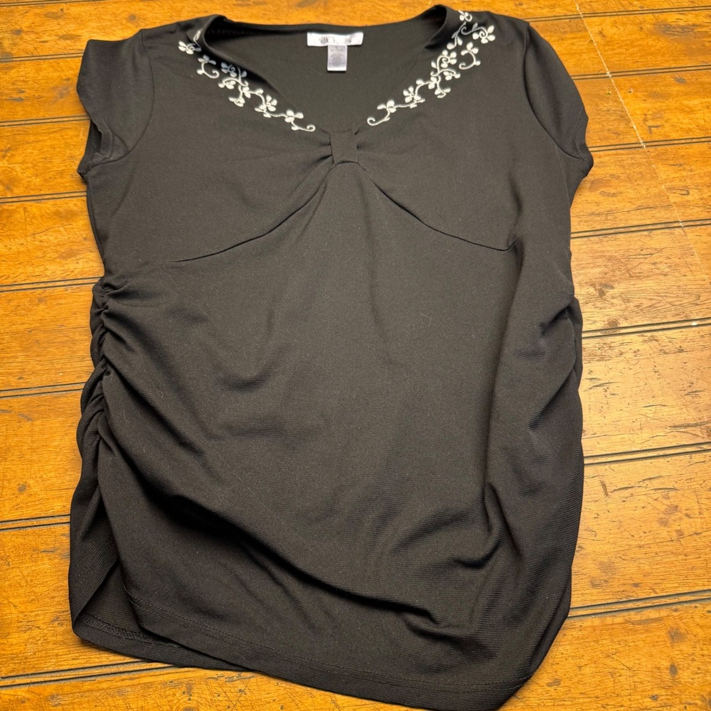 Nine & Co by Nine West Black V Neck Ruched Top Size‎ L
